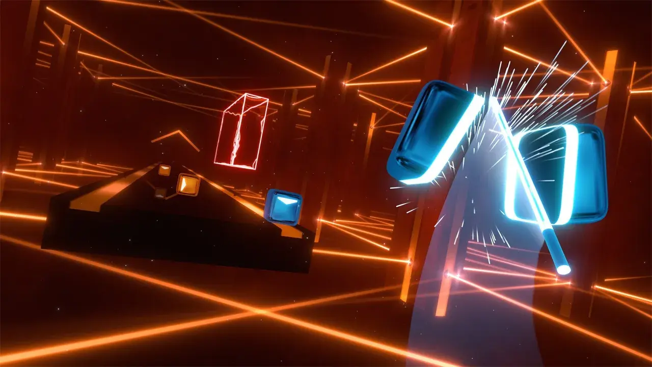 Wirtualna rzeczywistość w grze Beat Saber VR2: niebieskie miecze przecinają pomarańczowe linie i kostki w rytm muzyki.
