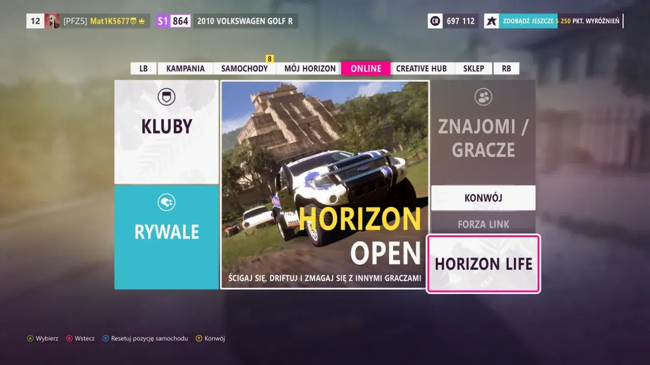 Menu gry Forza Horizon 5, opcja "Horizon Open" zachęca do ścigania się, driftowania i zmagań z innymi graczami w trybie multiplayer.