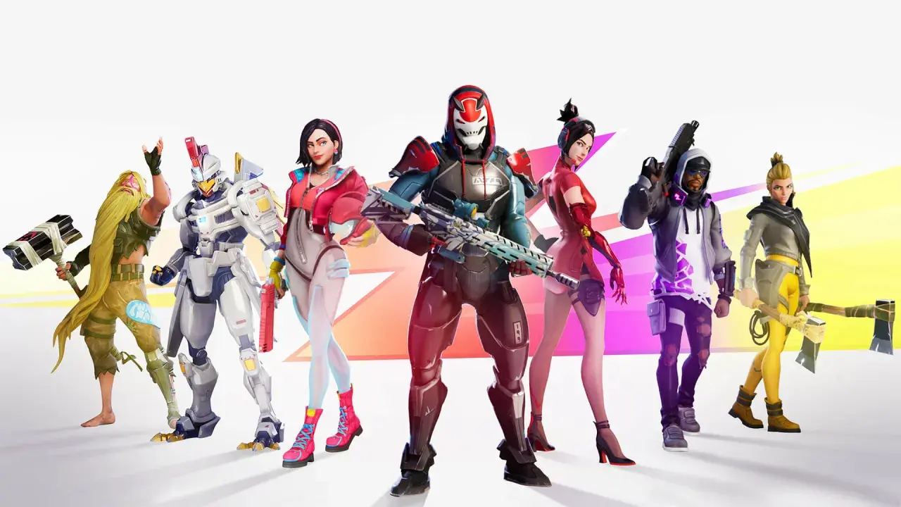 Postacie z gry, w tym zbroja robota i wojowniczka z młotem, gotowe do walki w sezonie 9 Fortnite.