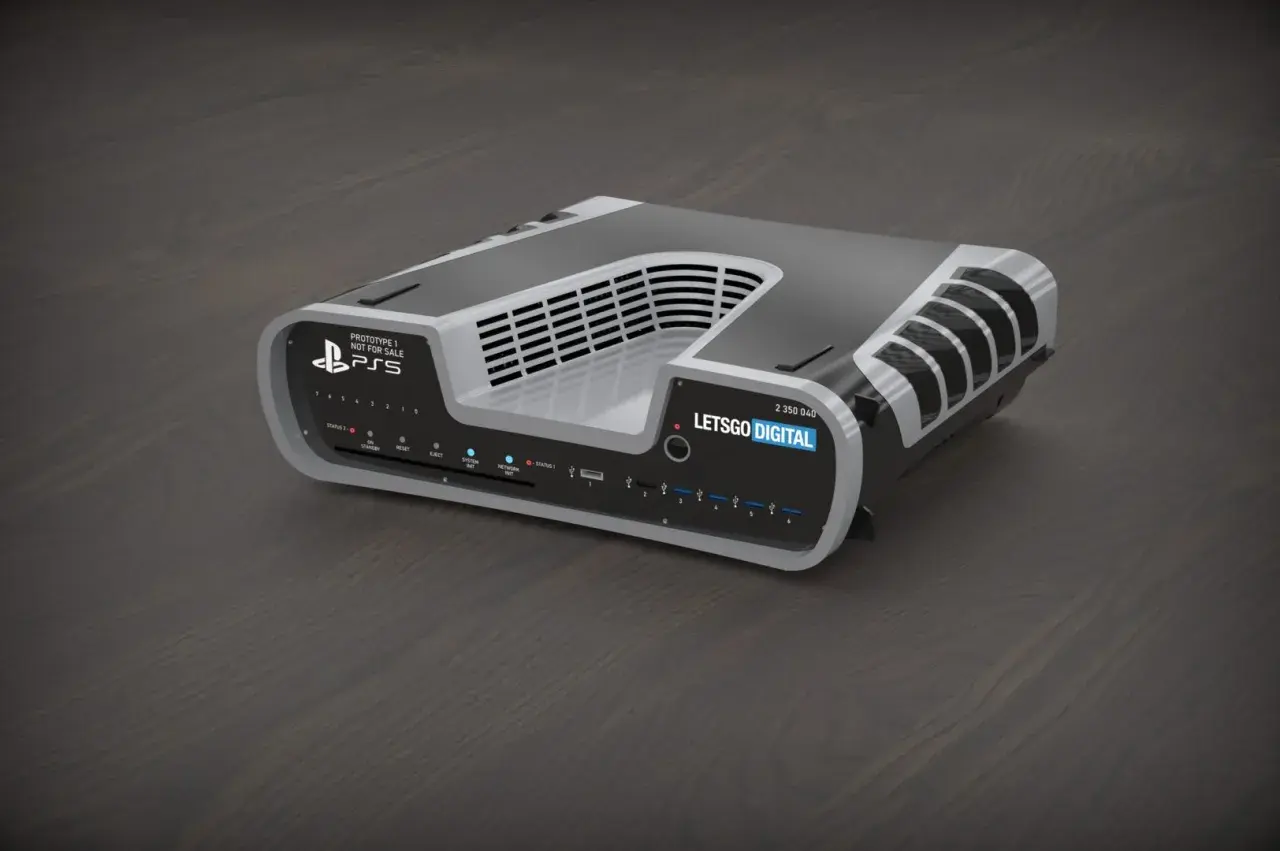 Nietypowy ps5 dev kit z licznymi portami i wskaźnikami, prototyp dla deweloperów.
