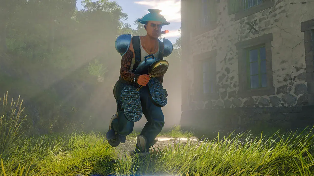 Bohater w nietypowym stroju, z patelnią i gofrownicami, biegnie przez trawę. To jego sposób na zwycięstwo w Cuisine Royale.