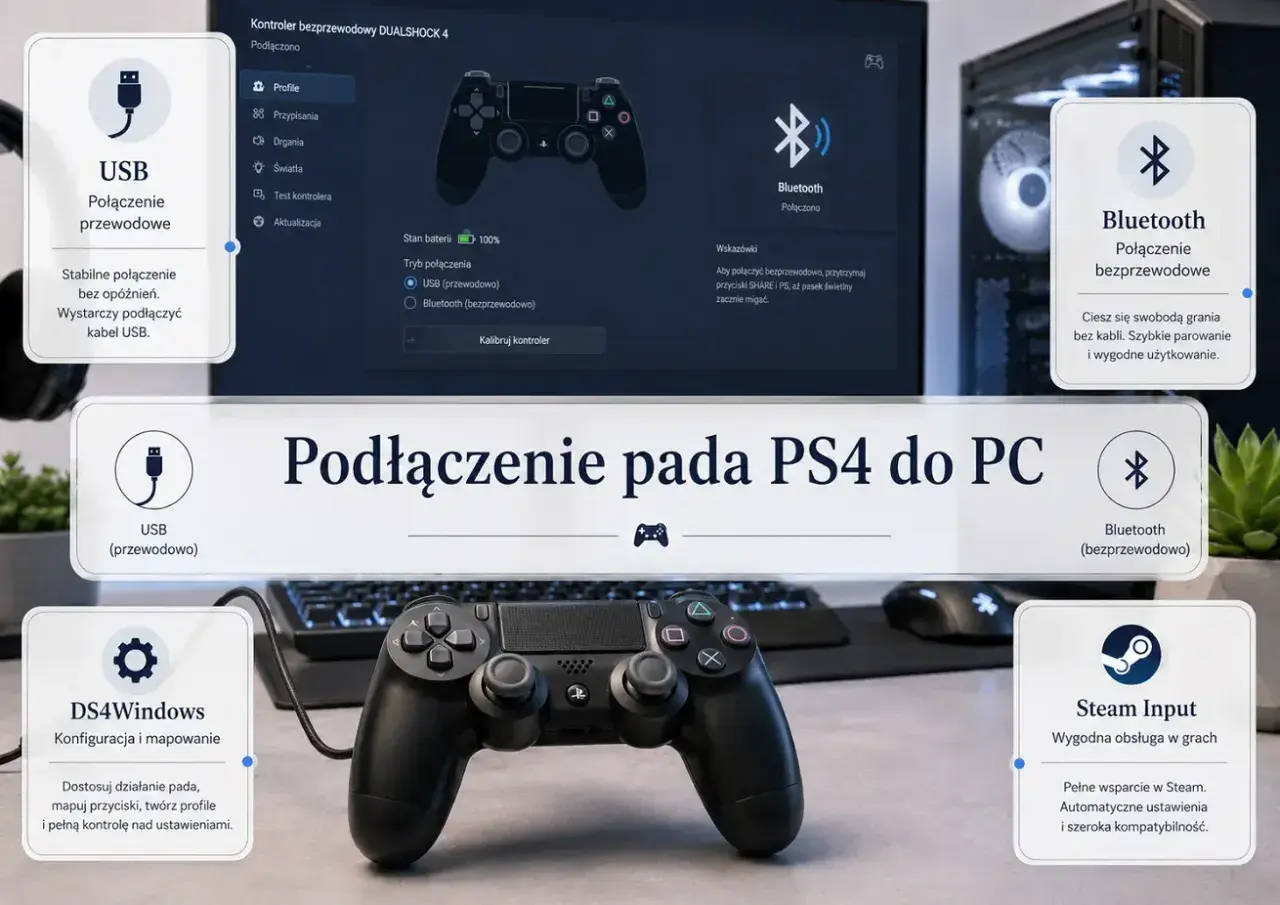 Podłączanie pada PS4 do PC: USB (przewodowo) dla stabilności, Bluetooth (bezprzewodowo) dla swobody. DS4Windows i Steam Input ułatwiają grę.