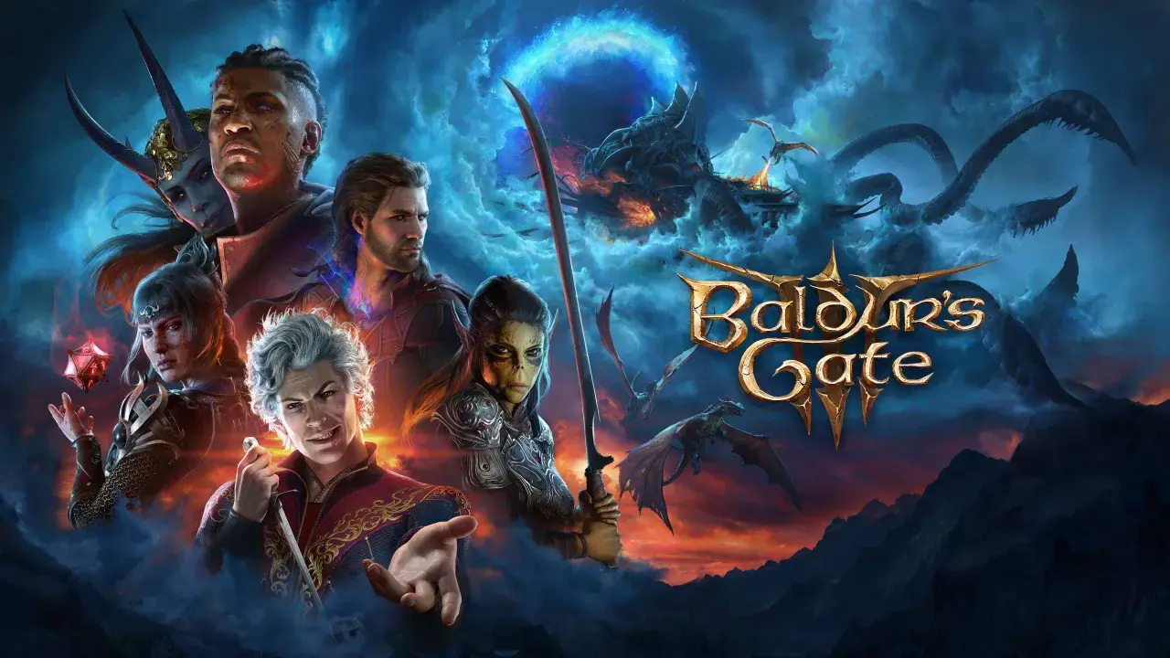 Postacie z Baldur's Gate 3 na tle burzowych chmur i smoków. Gra dostępna w ramach Game Pass.