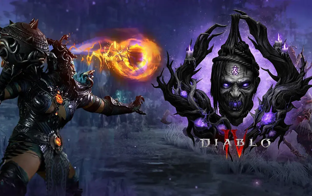 Postać z Diablo 4 nowy sezon rzuca zaklęcie ognia. Obok przerażająca twarz w koronie z gałęzi i logo gry.
