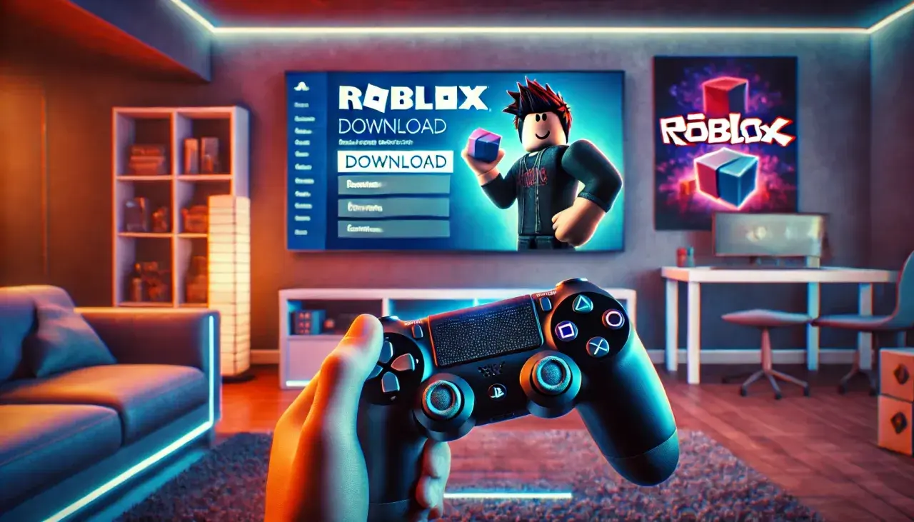 Gotowe do gry w Roblox na PS4 po polsku! Ekran telewizora pokazuje opcję pobierania, a w ręce trzymasz kontroler.