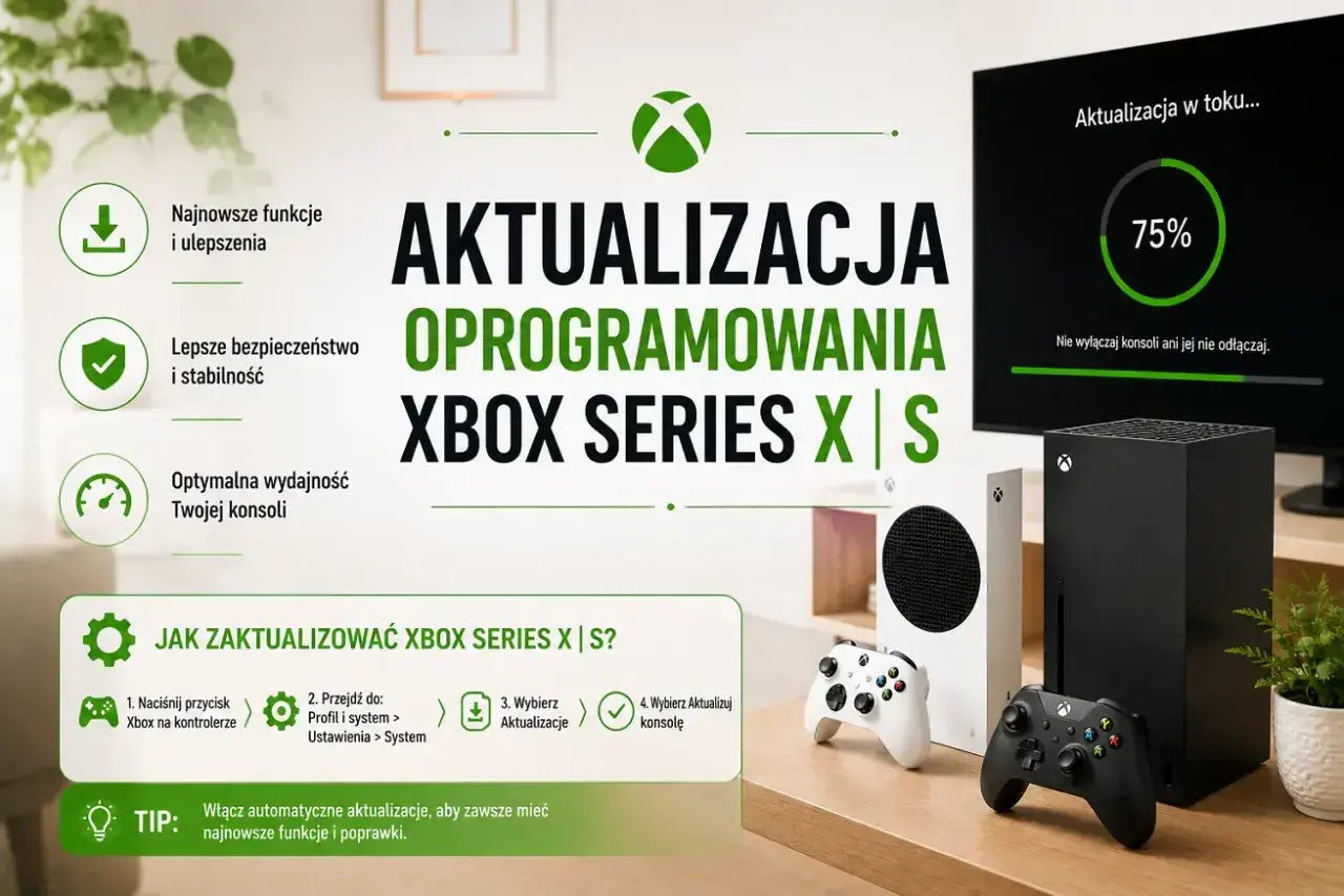 Aktualizacja oprogramowania Xbox Series X|S zapewnia najnowsze funkcje i poprawki. Na ekranie widać postęp 75%.