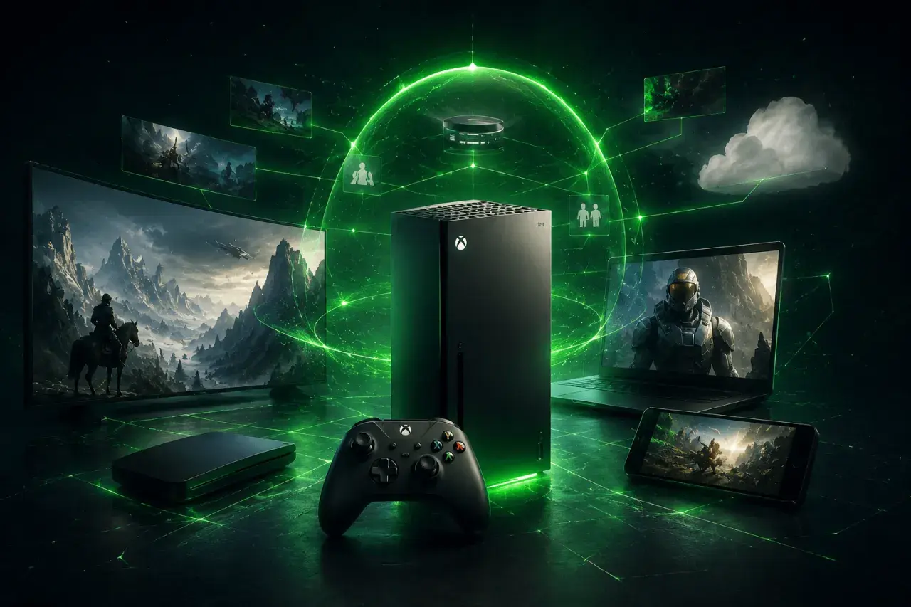Xbox Series X w centrum cyfrowego świata, otoczony ekranami z grami, kontrolerem i chmurą. Premiera Xbox One X była przełomem.