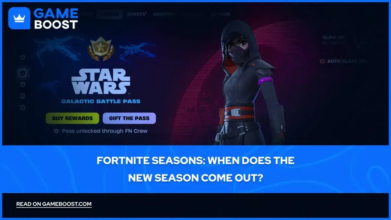 Postać z gry Fortnite w stroju z motywem Gwiezdnych Wojen. Widoczny napis "Galactic Battle Pass" sugeruje, który jest sezon Fortnite.