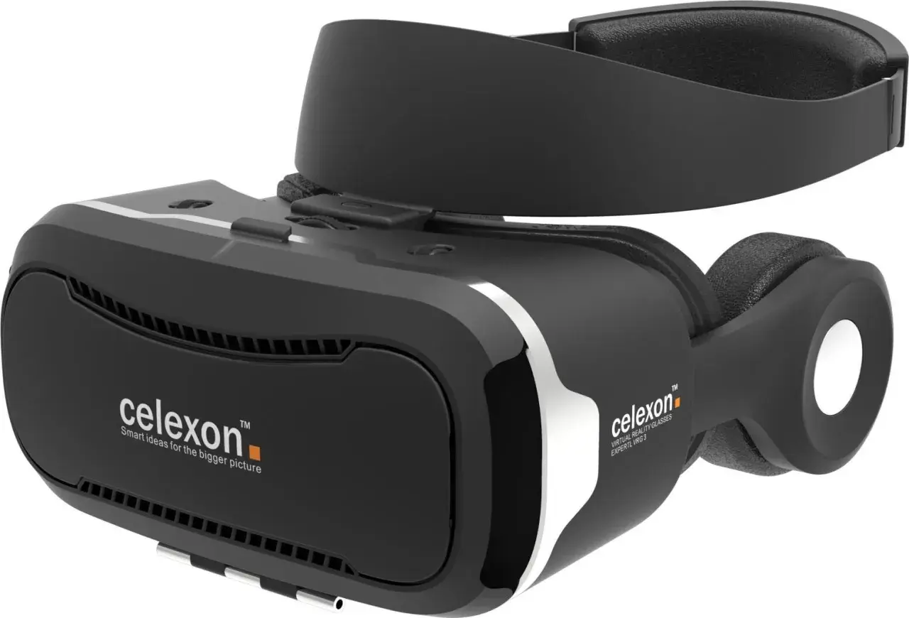 Czarne gogle VR marki Celexon z wbudowanymi słuchawkami. Idealne, gdy zastanawiasz się, jakie gogle VR wybrać do wirtualnych wrażeń.