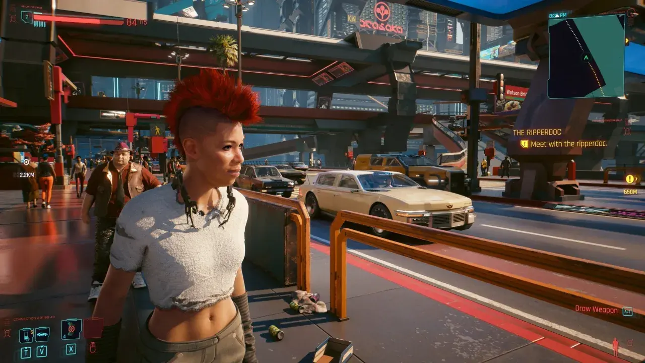 Kobieta z irokezem na tle miasta w stylu cyberpunk 2077 aktualizacja. W tle samochody i budynki.