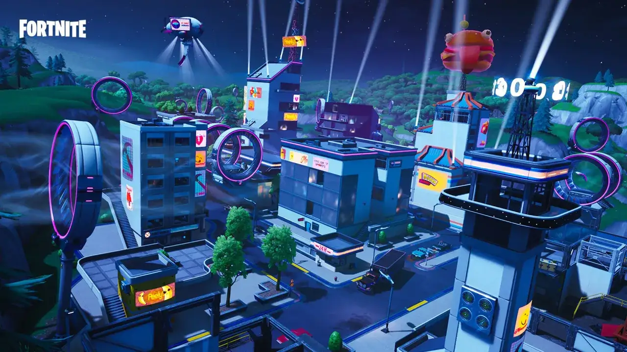 Nocne miasto w grze Fortnite, z neonowymi pierścieniami i latającym burgerem. To właśnie tak wyglądał sezon 9 Fortnite!