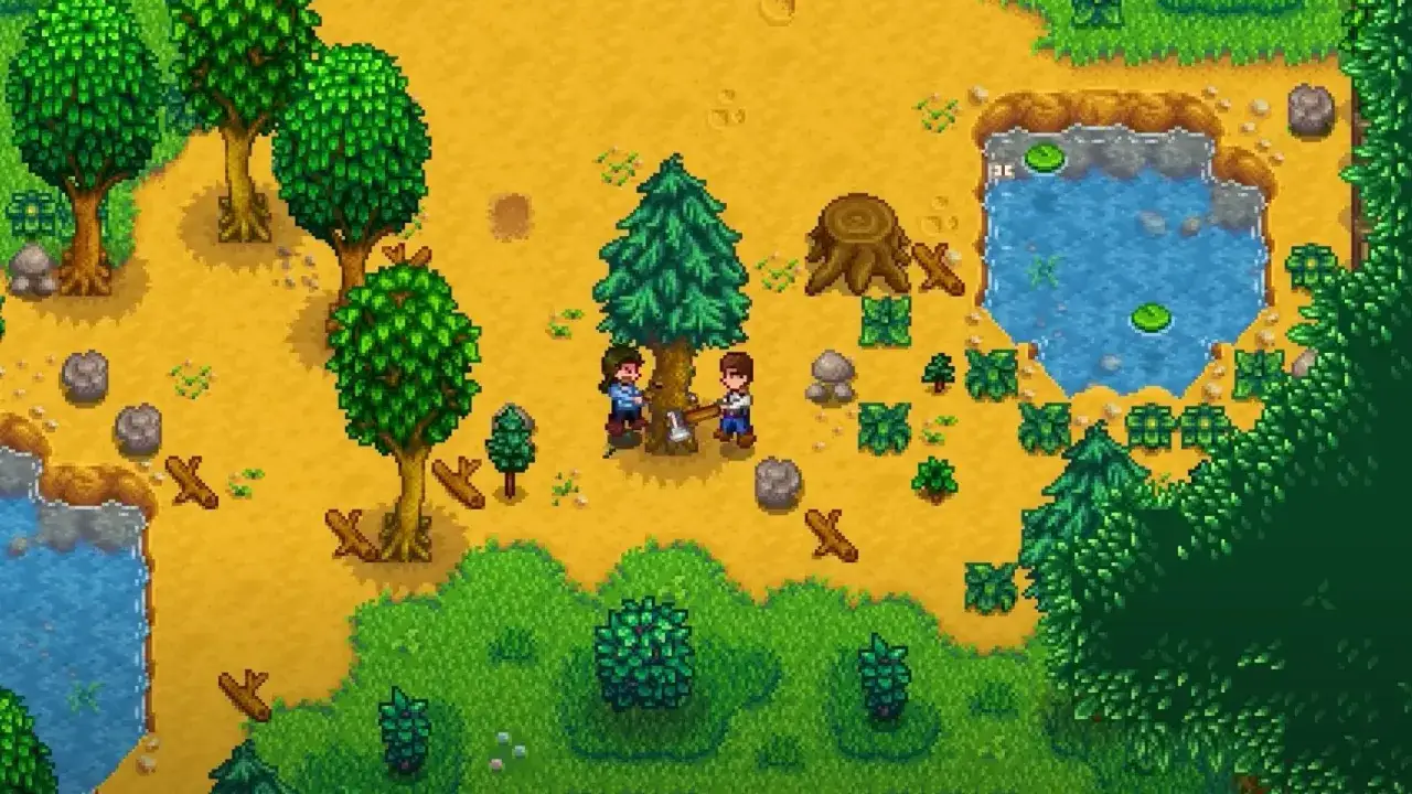 Dwóch graczy wspólnie ścina drzewo w Stardew Valley, co jest możliwe dzięki funkcji stardew valley cross play.