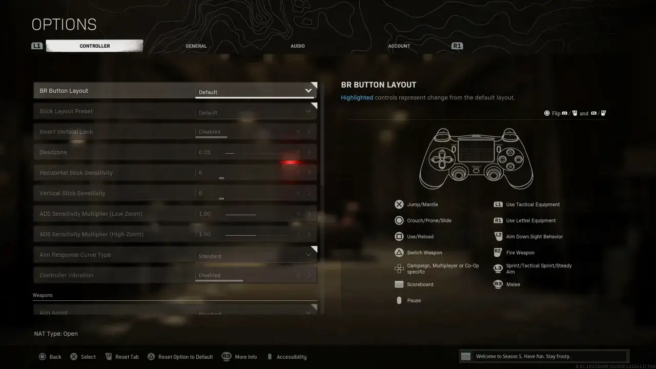 Ustawienia kontrolera w Warzone na PS5. Widok menu opcji z układem przycisków i czułością drążków.