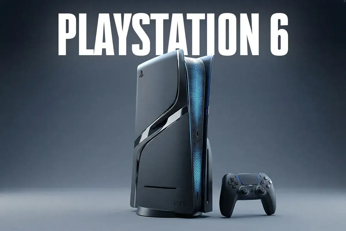 Konzola PlayStation 6 z kontrolerem, futurystyczny design z niebieskimi akcentami.