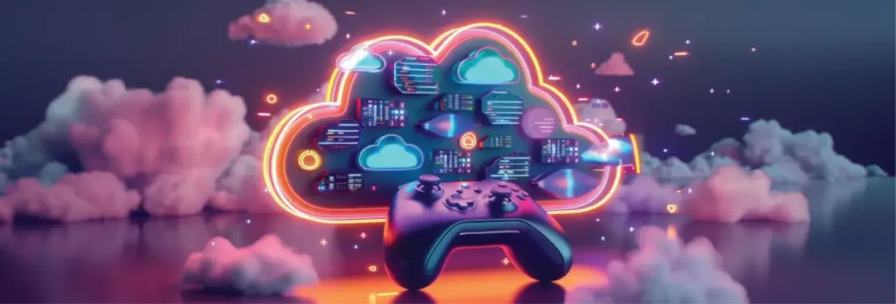 Gamepad przed neonową chmurą danych, symbolizującą przyszłość gier w chmurze, jak Google Stadia.