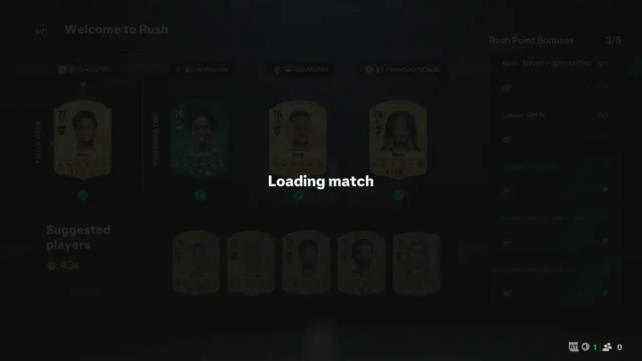 Ekran ładowania meczu w FIFA 22, pokazujący karty zawodników i bonusy.