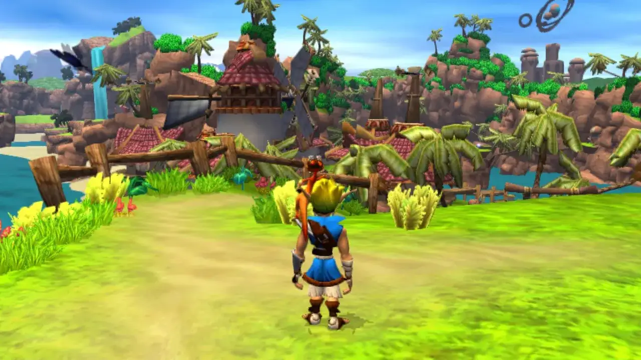 Jak i Daxter na PC. Postać Jaka z Daxterem na ramieniu stoi na tle tropikalnej wioski z wodospadem i palmami.
