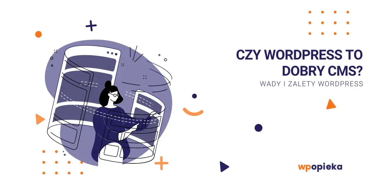Grafika ilustruje, czy WordPress to dobry CMS. Kobieta z okularami pracuje nad stroną internetową, która wygląda jak zwinięty rulon.