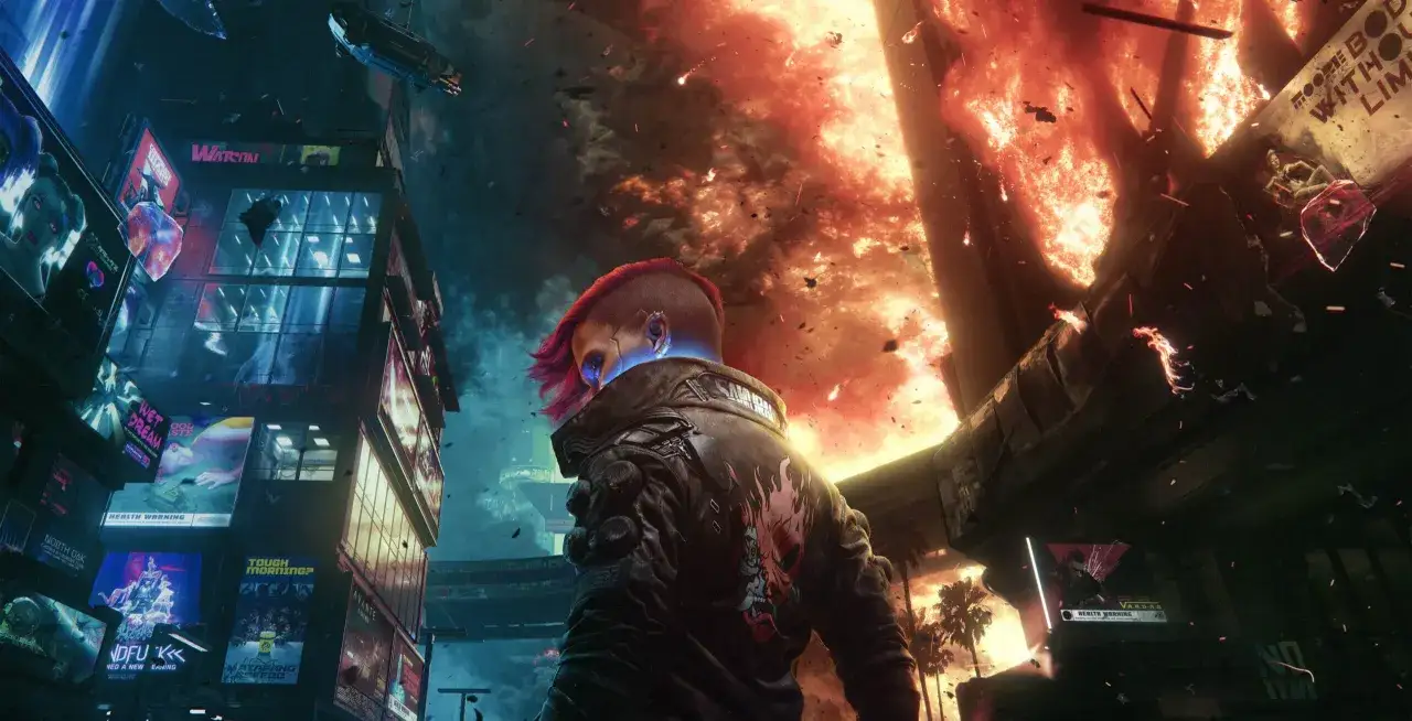 Cyberpunk 1.61: Postapokaliptyczne miasto w płomieniach, z neonowymi reklamami i postacią z irokezem.