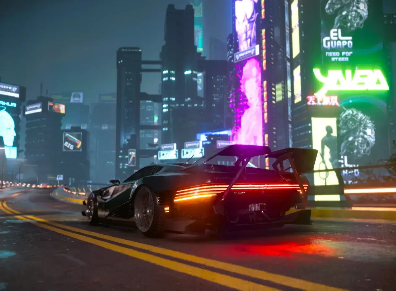 Cyberpunk 2077 aktualizacja: futurystyczny samochód na tle neonowego miasta.