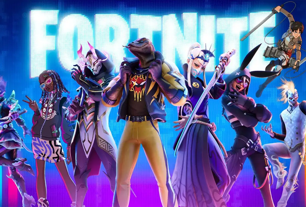 Postacie z gry Fortnite, w tym gadzi wojownik i dziewczyna w okularach, prezentują nowy sezon.