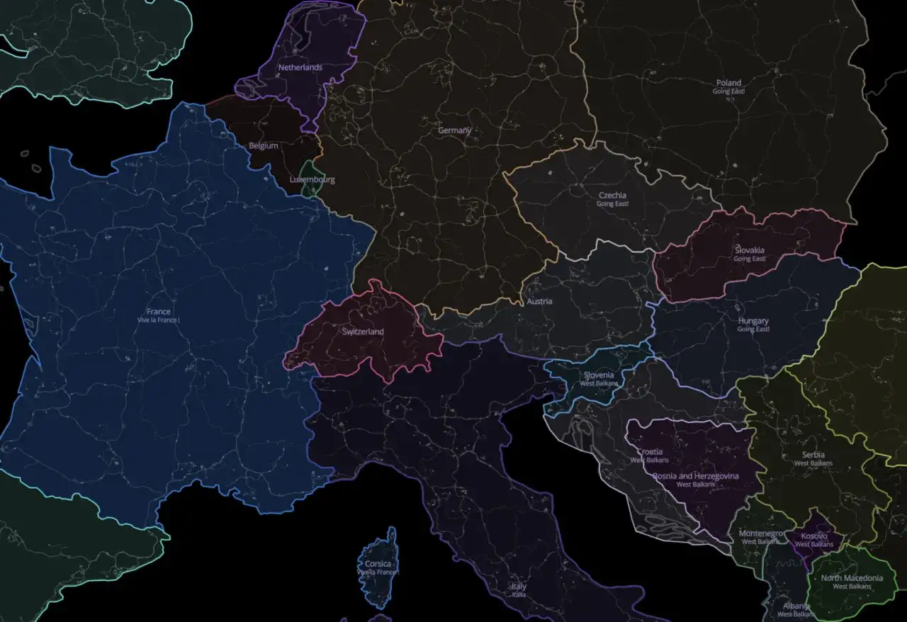 Mapa Europy z gry Euro Truck Simulator 2 + wszystkie dodatki. Widoczne kraje: Francja, Niemcy, Włochy, Polska, Czechy, Słowacja, Węgry, Szwajcaria, Austria, kraje Bałkanów Zachodnich.