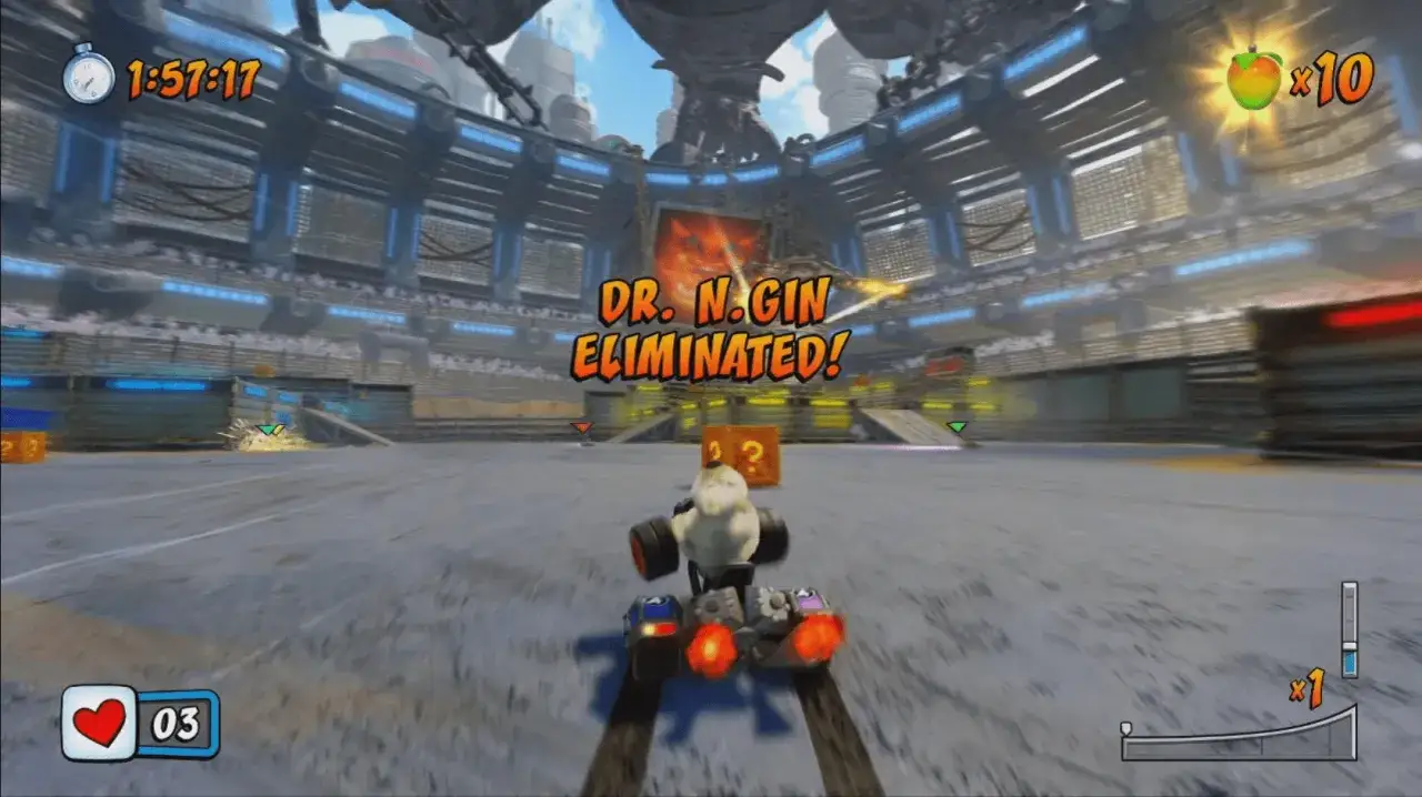 Wyścig w Crash Team Racing PC. Dr. N. Gin wyeliminowany! Czas 1:57:17, 10 jabłek.