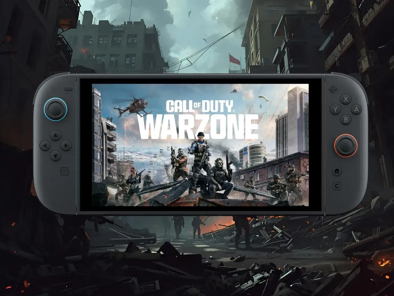 Konsola Nintendo Switch z ekranem wyświetlającym Call of Duty Warzone. Żołnierze i helikoptery w tle.