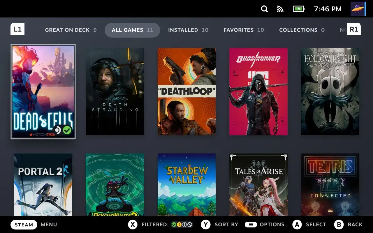 Gry Steam Deck: Dead Cells, Death Stranding, Deathloop, Ghostrunner, Hollow Knight, Portal 2, Psychonauts 2, Stardew Valley, Tales of Arise, Tetris Effect Connected.