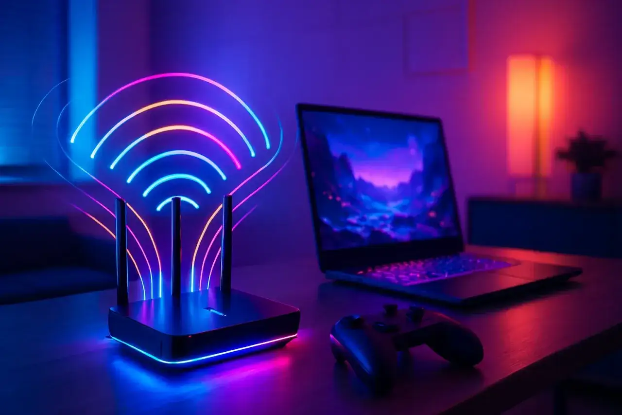 Router z neonowymi falami Wi-Fi, laptop i kontroler do gier. Tak działa GeForce Now – streaming gier w chmurze.
