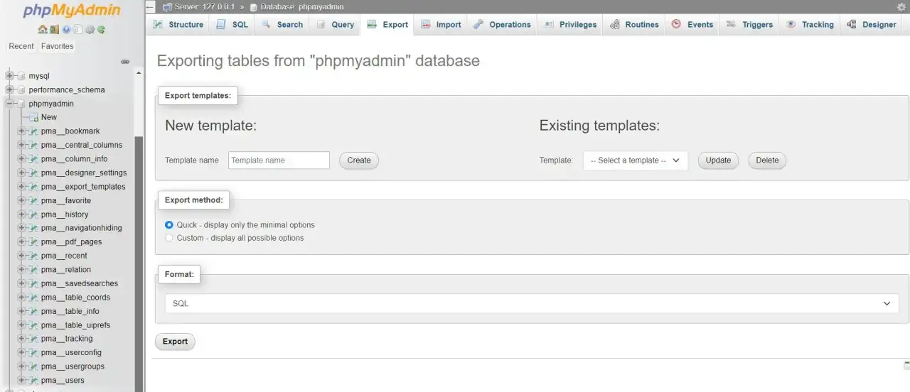 Ekran phpMyAdmin pokazuje, jak zrobić kopię zapasową WordPress. Możesz wybrać metodę eksportu i format SQL.