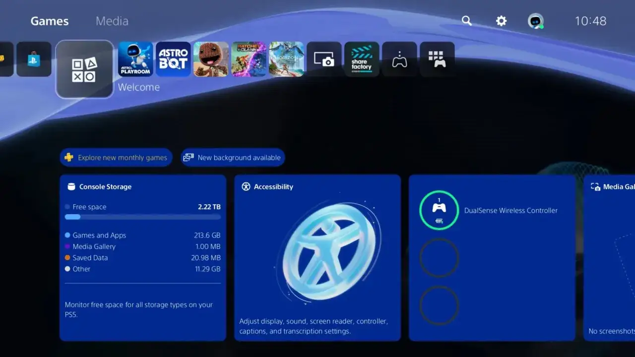Menu główne PS5 z ikonami gier i opcjami, w tym 