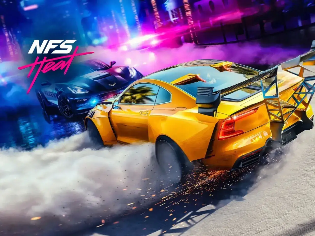 NFS Heat: żółty sportowy samochód driftuje, ścigany przez policyjny radiowóz. Gra z funkcją cross play.
