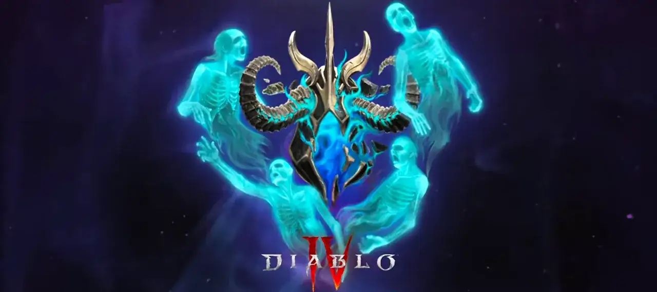 Diablo 4 nowy sezon: mroczna symbolika z płonącymi duchami i demonicznym artefaktem.