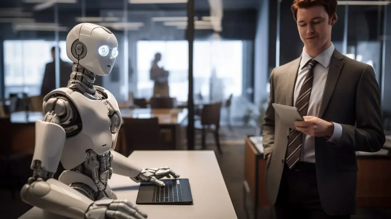 Robot pracuje przy laptopie, podczas gdy człowiek w garniturze patrzy na tablet. Czy sztuczna inteligencja zastąpi człowieka w pracy?