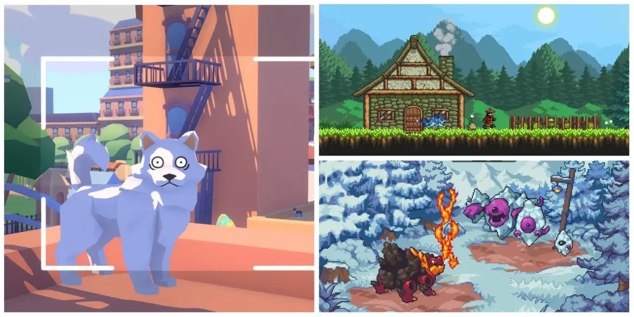 Trzy sceny z gier: niebieski pies w mieście, kamienny domek w lesie i potwory w śnieżnej krainie, przypominające świat pokemon steam.