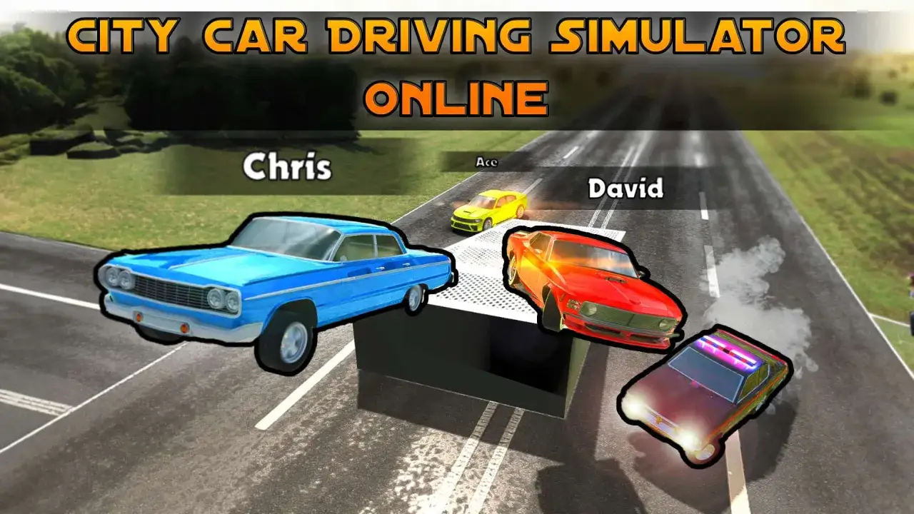 Chris, Ace i David ścigają się w symulatorze jazdy 2 Steam. Niebieski klasyk, czerwony muscle car i żółty sportowiec na torze.