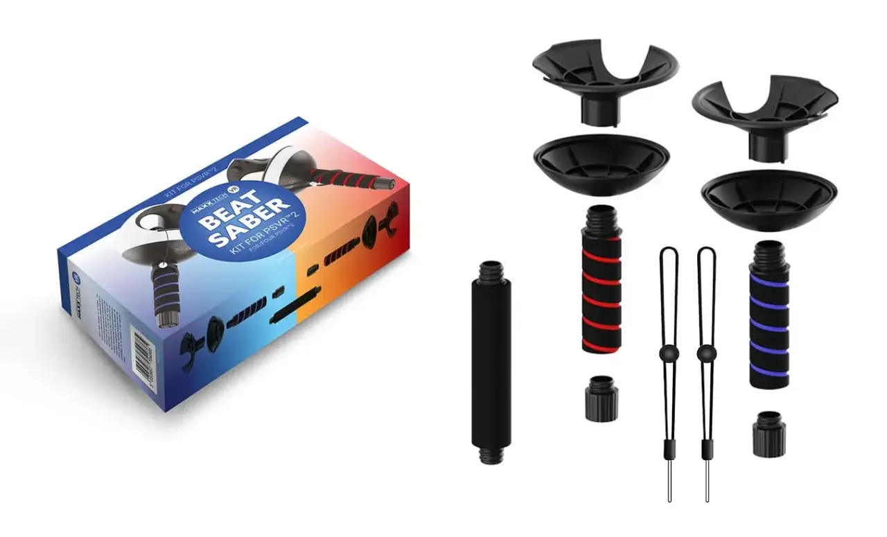 Zestaw akcesoriów do gry Beat Saber VR2, zawierający uchwyty i mocowania do kontrolerów PSVR2, zapewniający lepsze wrażenia z gry.