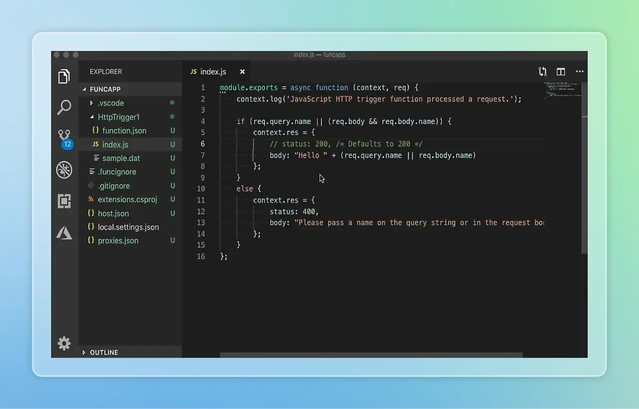 Edytor kodu z plikiem index.js, gdzie piszesz kod JavaScript. To miejsce, gdzie tworzy się logikę dla funkcji, a nie bezpośrednio HTML.