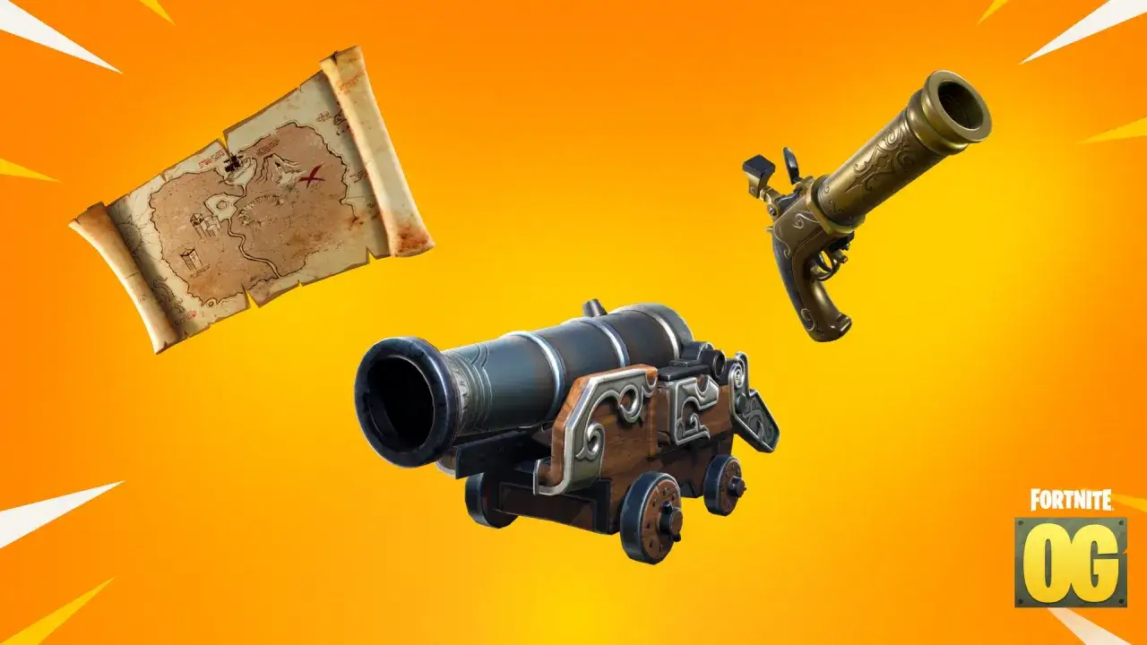 Mapa skarbów, armata i pistolet – elementy nawiązujące do pirackiego klimatu w Fortnite sezon 8.