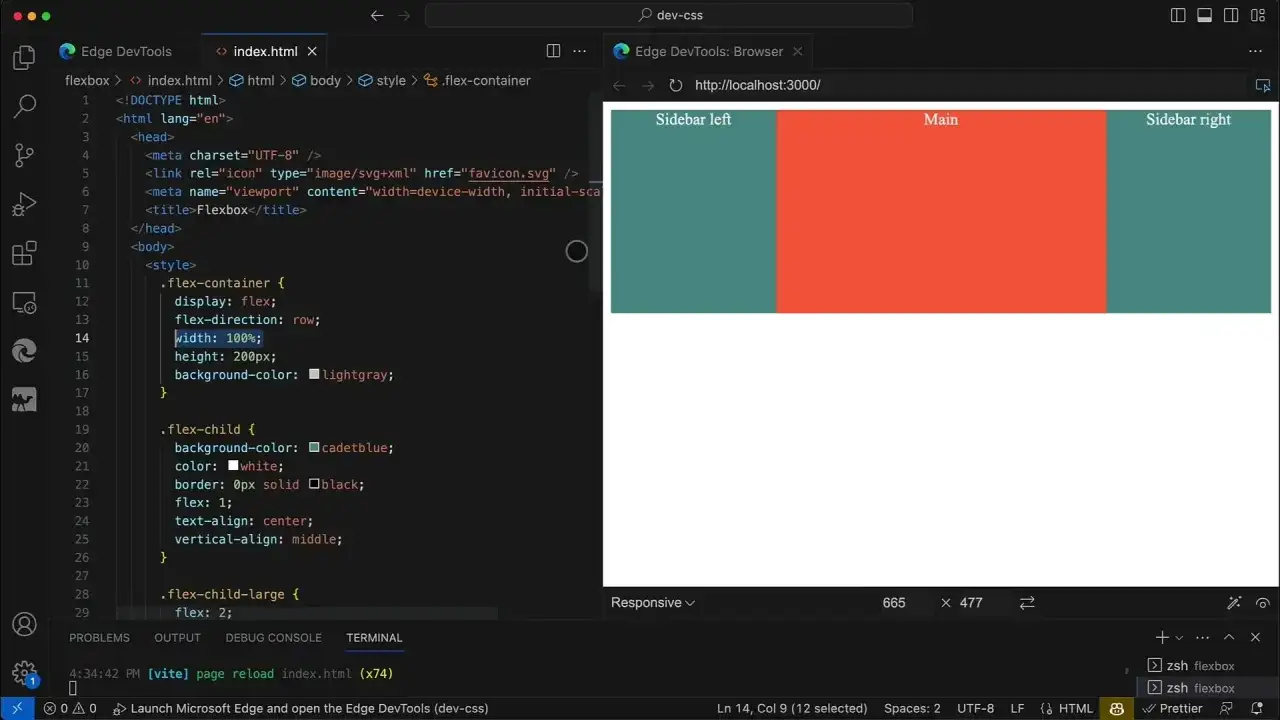 Kod HTML i CSS pokazujący, jak wyśrodkować tekst w HTML za pomocą flexbox. Widok przeglądarki z trzema sekcjami: 