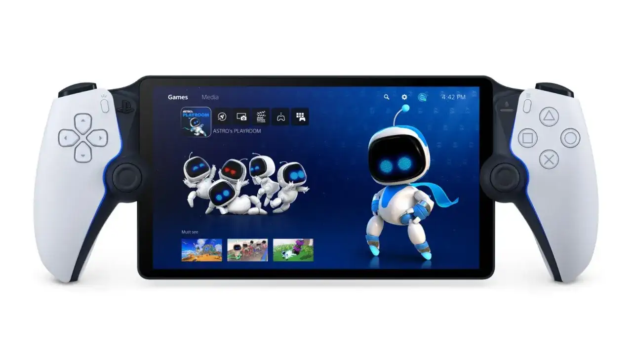 Nowe psp z kontrolerami DualSense, ekranem i Astro Botem. Gra Astro's Playroom gotowa do zabawy.