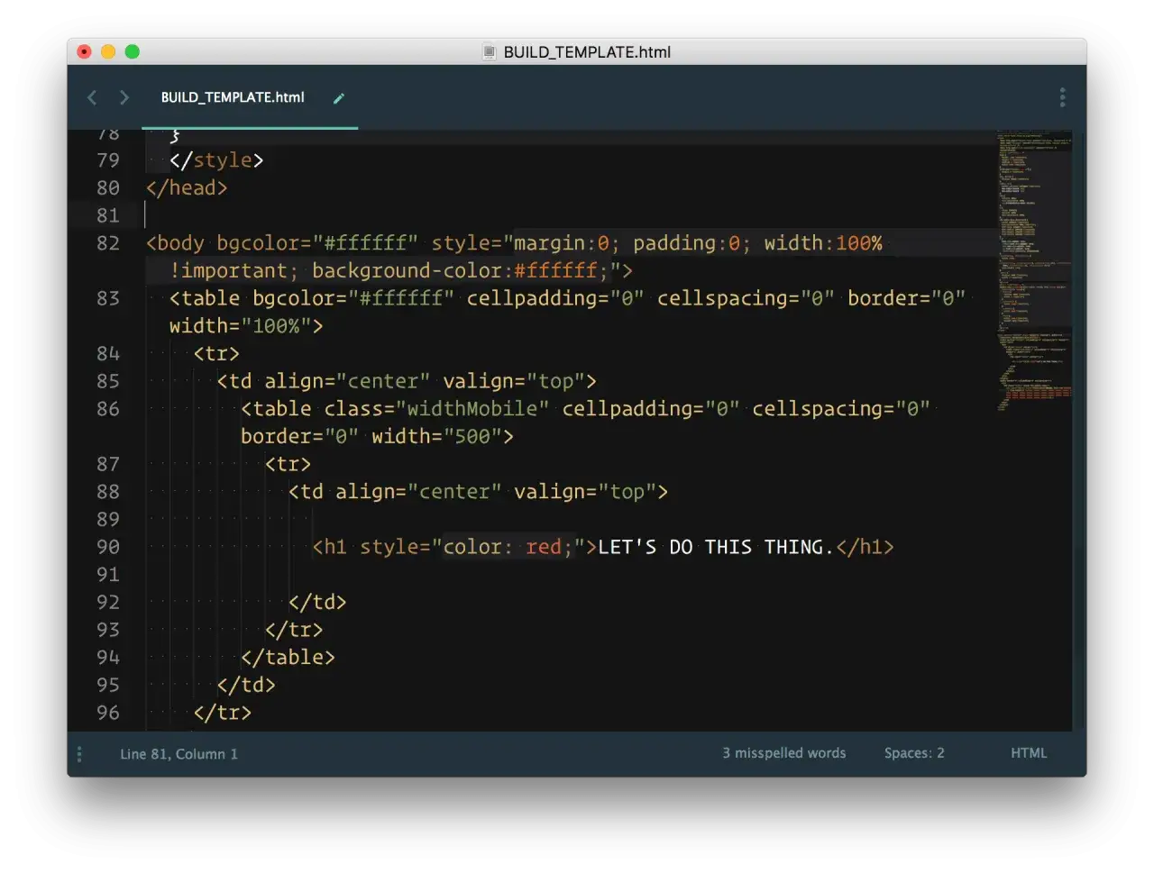 Kod HTML do stworzenia maila, w tym tagi body, table i h1. Pokazuje, jak zrobić maila w HTML.