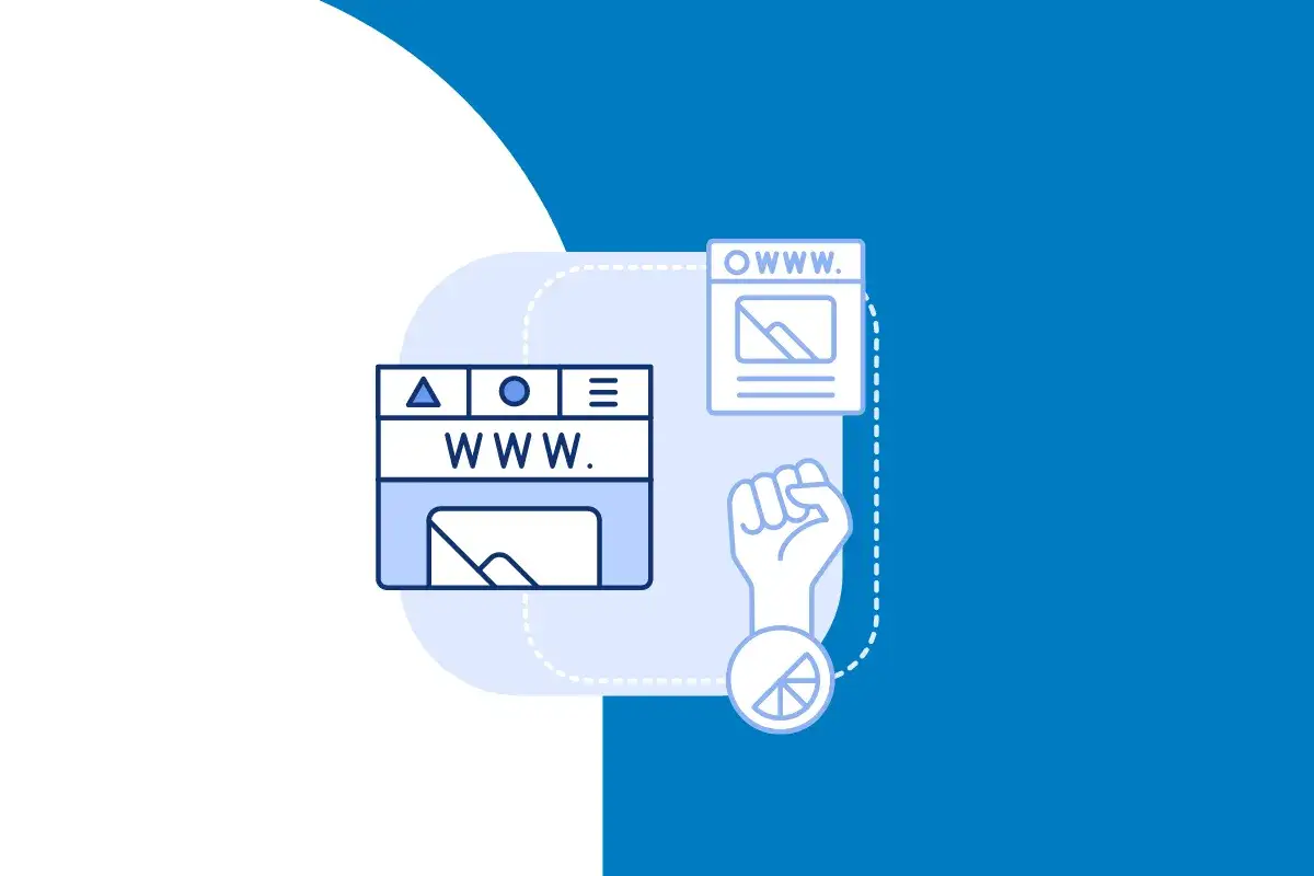 Ilustracja pokazuje, jak dodać ikonę strony HTML. Widoczne są okna przeglądarki, symbol WWW i zaciśnięta pięść.