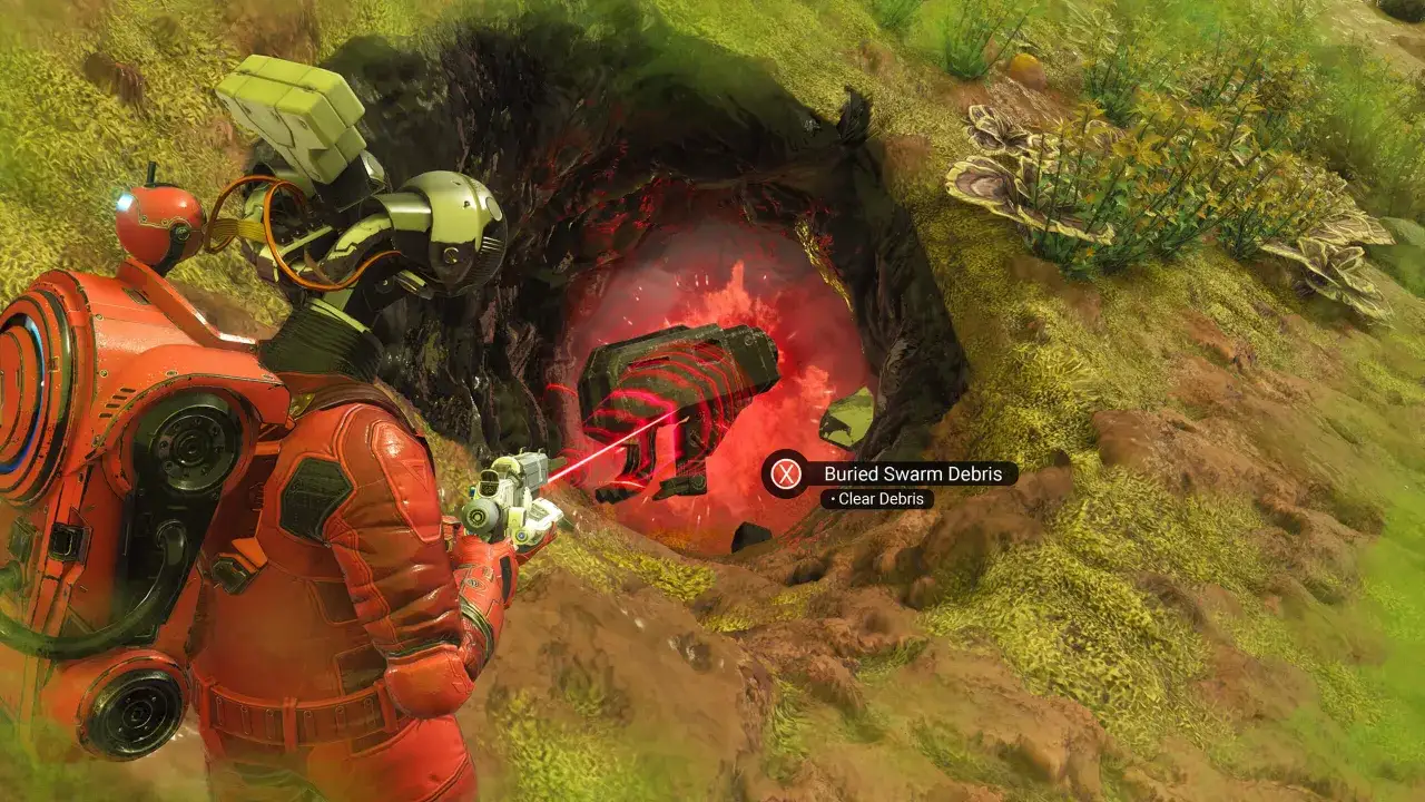 Odkrywca w skafandrze używa lasera do oczyszczenia zasypanych szczątków roju. To kolejna misja w No Man's Sky aktualizacja.