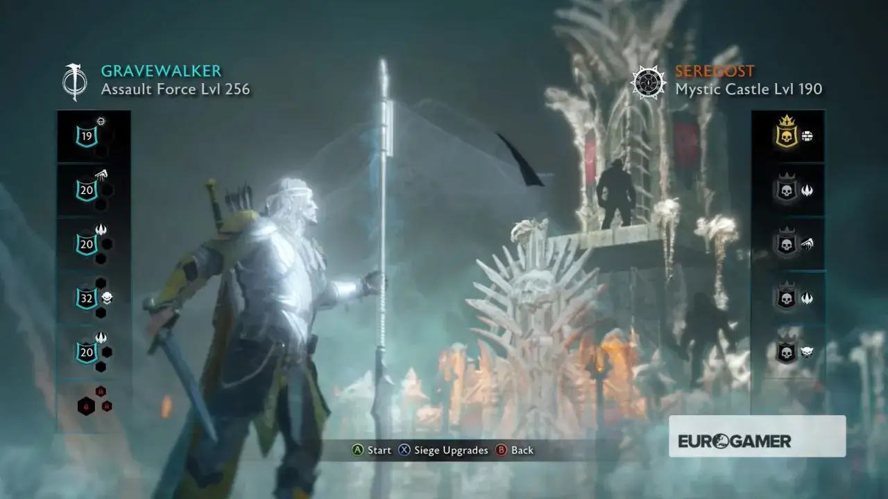 Postać z gry Middle-earth: Shadow of War, Gravedwalker, przygotowuje się do oblężenia zamku Seregost.