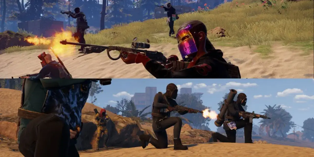 Gracze w grze Rust, w tym z rust crossplay, prowadzą ostrą wymianę ognia na pustynnym terenie.