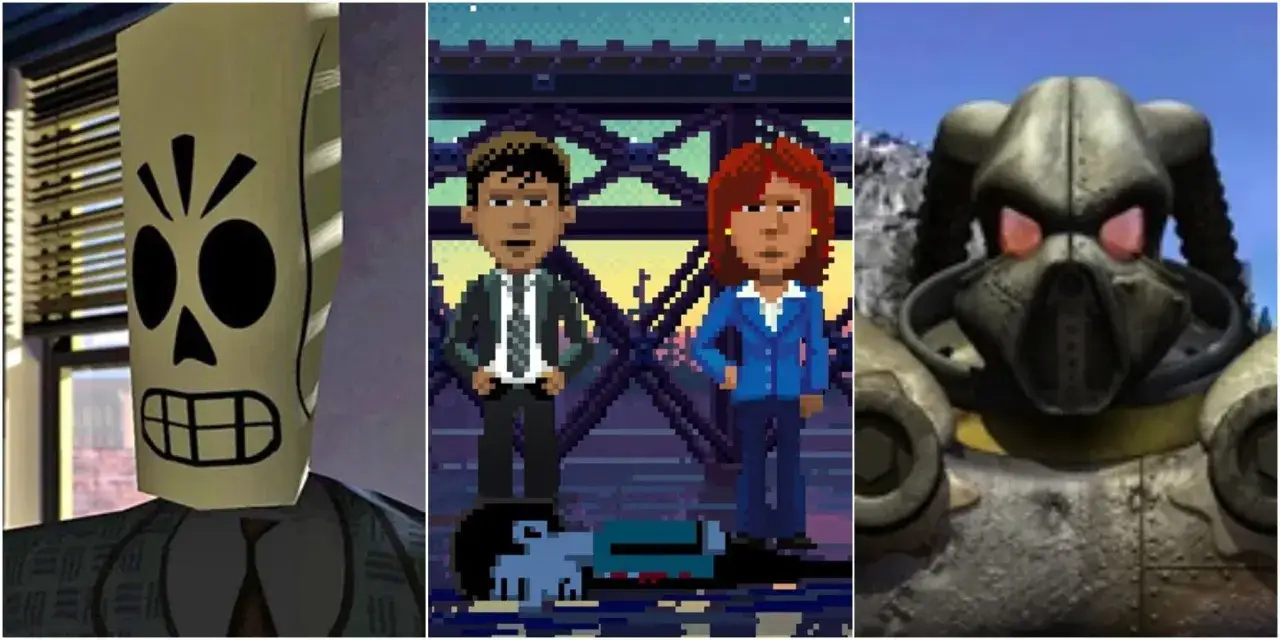 Postacie z gier przygodowych Steam: człowiek w masce czaszki, para w stylu pixel art nad leżącym ciałem, oraz zbroja z Fallouta.