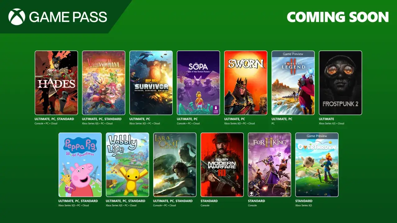 Gry na Xbox Game Pass: Hades, Visions of Mana, Deep Rock Galactic: Survivor, SOPA, Sworn, Endless Legend, Frostpunk 2, Peppa Pig, Wobbly Life, Lara Croft, Call of Duty, For the King, Overthrown.