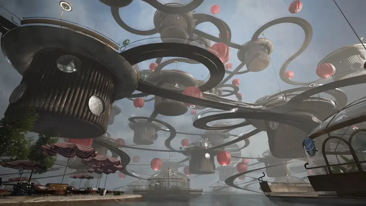Futurystyczne miasto z latającymi platformami i balonami, jak z gry Atomic Heart. Dostępne w ramach Atomic Heart Game Pass.